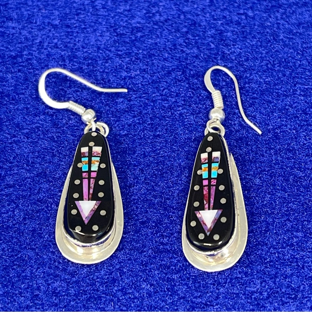 Sterling and Multi-Stone Inlay Teardrop Native American Earrings